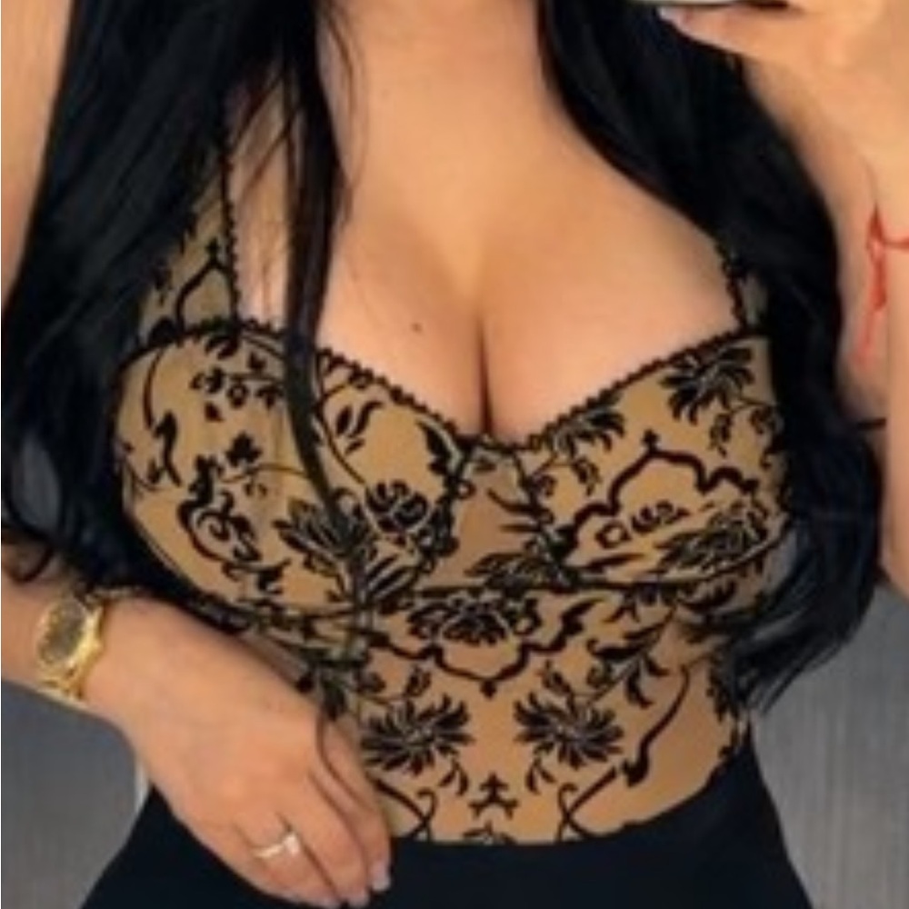 Sheer Embroidered Bodysuit with Black High-Waist Bottoms